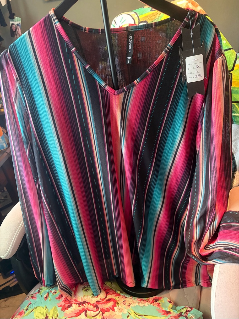 Crazy Train Multicolor Striped V-Neck Blouse - Pink, Teal, Black
